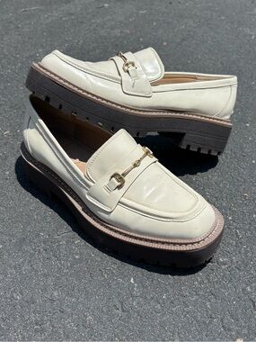 Sam Edelman Cream Leather Lug Sole Loafers with Gold Bit